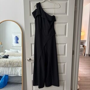 MARINA Black Asymmetrical Ruffled Cocktail Jumpsuit